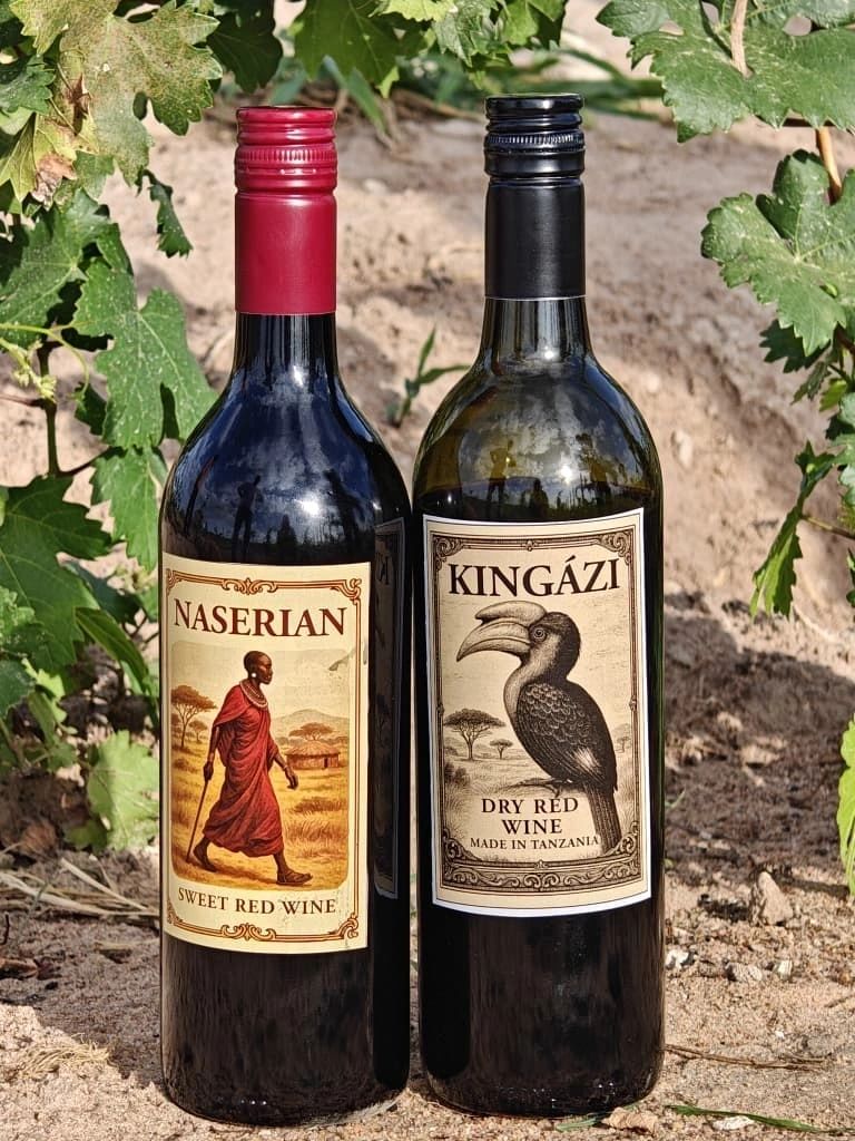 Kingázi Dry Red Wine bottle in vineyard