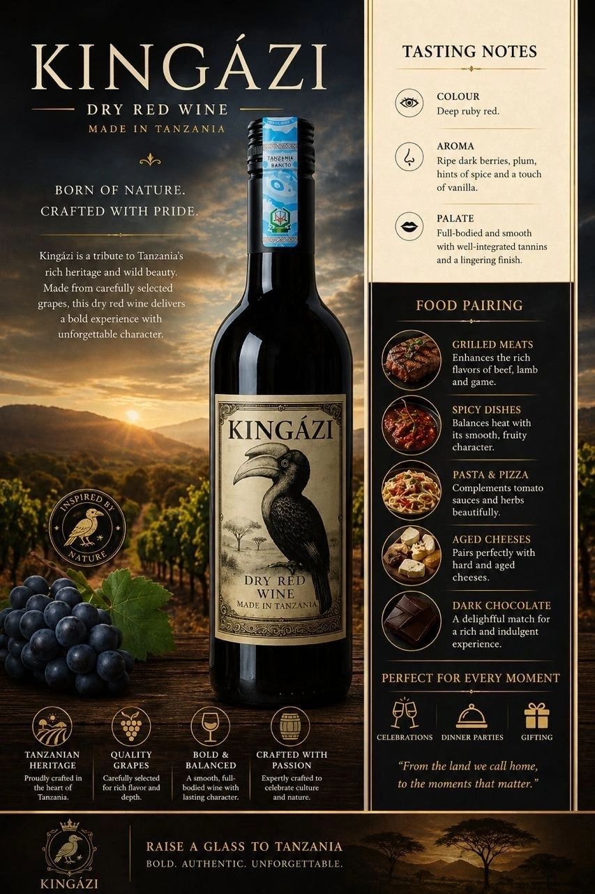 Kingázi Dry Red Wine product sheet with tasting notes