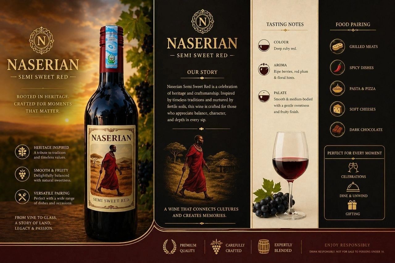 Naserian Semi Sweet Red Wine product sheet with tasting notes